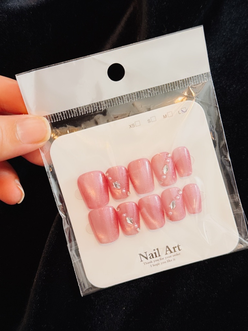 Pink Press-On Nail Set with Rhinestone Accent